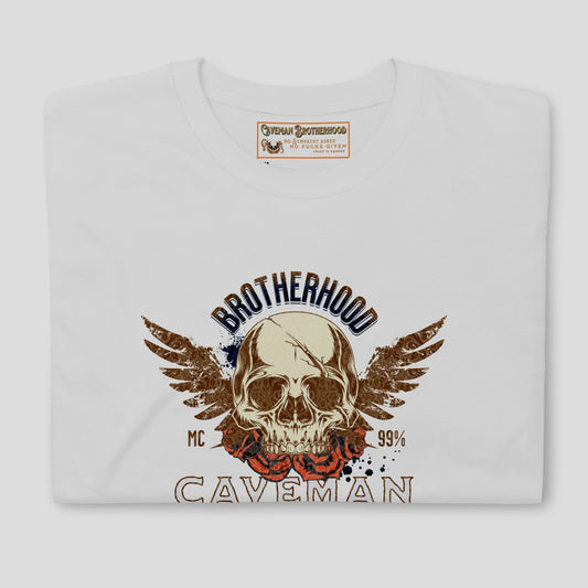 caveman brotherhood white tshirt motorcycle wings skull